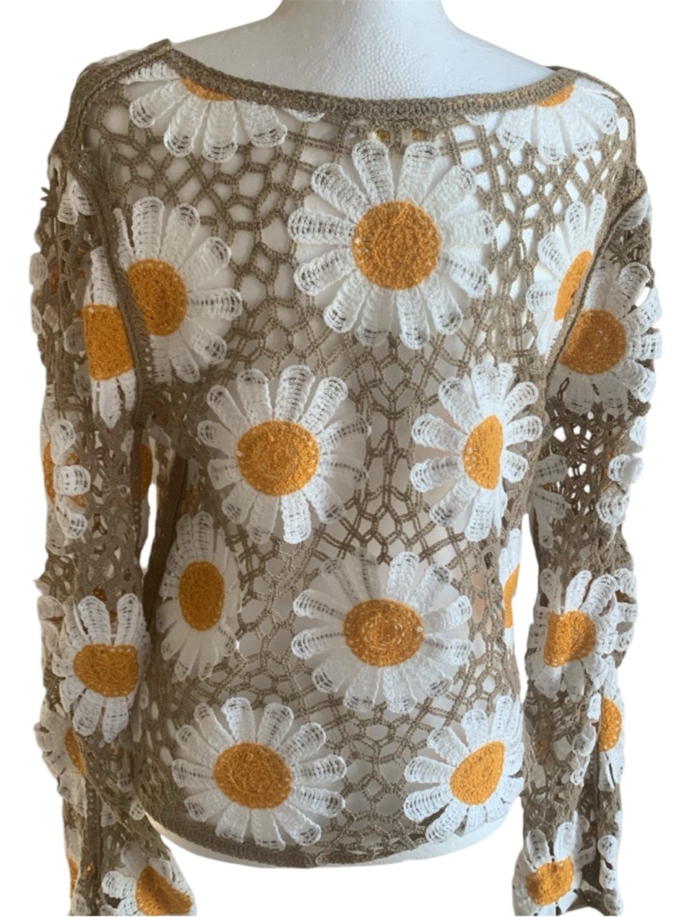 🌼Crochet Daisy Lace Sheer Top Long Sleeve White Yellow Taupe L - Picture 10 of 14